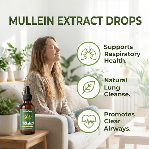 Nutrapure Mullein Extract Drops for Lung, Organic Mullein Leaf Supplement Support Lung Cleanse & Detox Health & Respiratory Comfort & Boosts Immune - 2.0fl.oz (1) in Saudi Arabia