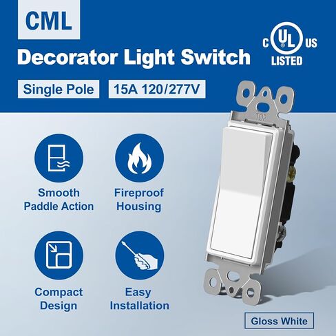CML Decorator Paddle Rocker Light Switches, 15 Amp Single Pole Switch, 15A 120/277V, On/Off Interrupter, UL Listed, White, 100 Pack in Saudi Arabia