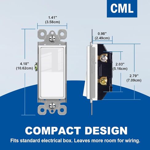CML Decorator Paddle Rocker Light Switches, 15 Amp Single Pole Switch, 15A 120/277V, On/Off Interrupter, UL Listed, White, 100 Pack in Saudi Arabia