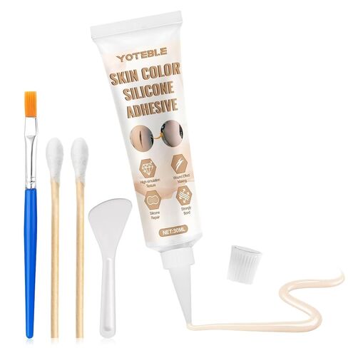 Silicone Adhesive Glue, Skin Color Silicone Glue for Skin Doll Repair Soft Flesh Color High Elasticity Simulation Silicone Suit for Special Effects Makeup Repair Model Making, with Brush Scraper, 30ml in Kuwait