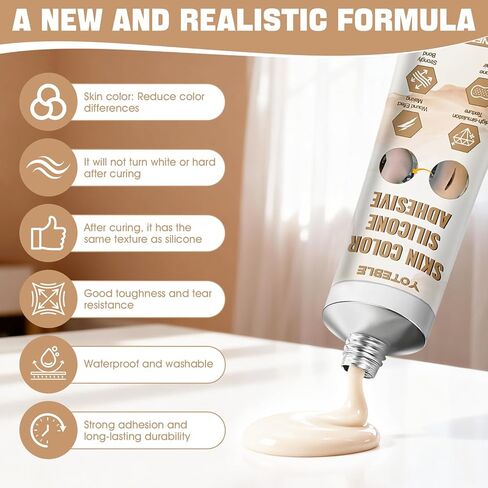 Silicone Adhesive Glue, Skin Color Silicone Glue for Skin Doll Repair Soft Flesh Color High Elasticity Simulation Silicone Suit for Special Effects Makeup Repair Model Making, with Brush Scraper, 30ml in Kuwait