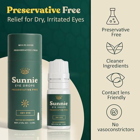 Sunnie Preservative-Free Eye Drops for Dry Eyes, 0.37 fl oz (11ml), Multi-Dose Lubricating Drops with Glycerin 0.5% – for Daily Comfort in Kuwait
