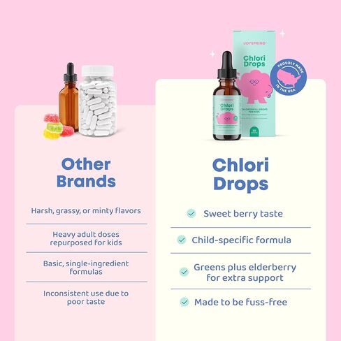 JoySpring Liquid Chlorophyll Drops for Kids | Super Greens for Kids Infused with Elderberry & Chlorophyll for Bad Breath |Sugar Free Body Deodorizing Supplement |Berry Flavor| 30 Servings in Kuwait