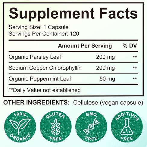 كبسولات الكلوروفيل مكمل مزيل العرق الداخلي، تحكم طبيعي في رائحة الجسم من أجل نضارة الجسم بالكامل، الكلوروفيل مع البقدونس والنعناع للتنفس ودعم الأمعاء والجهاز الهضمي، نباتي، 120 كبسولة in Kuwait