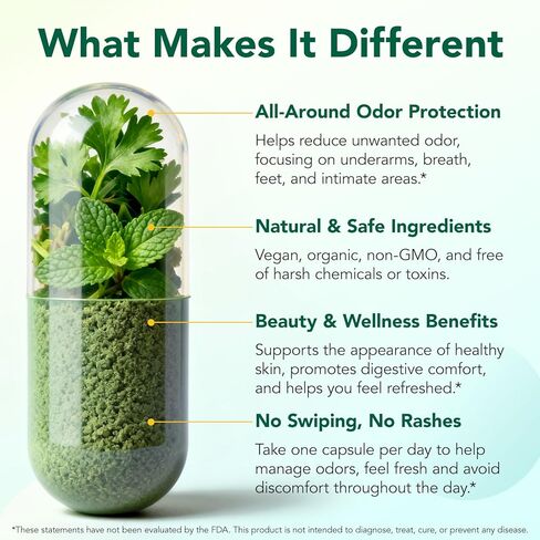 كبسولات الكلوروفيل مكمل مزيل العرق الداخلي، تحكم طبيعي في رائحة الجسم من أجل نضارة الجسم بالكامل، الكلوروفيل مع البقدونس والنعناع للتنفس ودعم الأمعاء والجهاز الهضمي، نباتي، 120 كبسولة in Kuwait