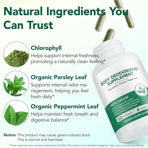 كبسولات الكلوروفيل مكمل مزيل العرق الداخلي، تحكم طبيعي في رائحة الجسم من أجل نضارة الجسم بالكامل، الكلوروفيل مع البقدونس والنعناع للتنفس ودعم الأمعاء والجهاز الهضمي، نباتي، 120 كبسولة in Kuwait