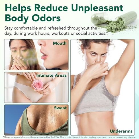 كبسولات الكلوروفيل مكمل مزيل العرق الداخلي، تحكم طبيعي في رائحة الجسم من أجل نضارة الجسم بالكامل، الكلوروفيل مع البقدونس والنعناع للتنفس ودعم الأمعاء والجهاز الهضمي، نباتي، 120 كبسولة in Kuwait