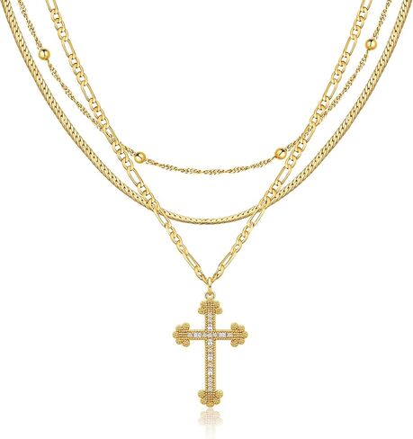 قلادة ذهبية من أجل النساء 14 كيلو الذهب/الفضة مطلي الطبقات الطبقات قابلة للتكديس قلادة متقاطعة مكدسة قلادة لؤلؤة متعرج سلسلة مكدسة غول in Kuwait