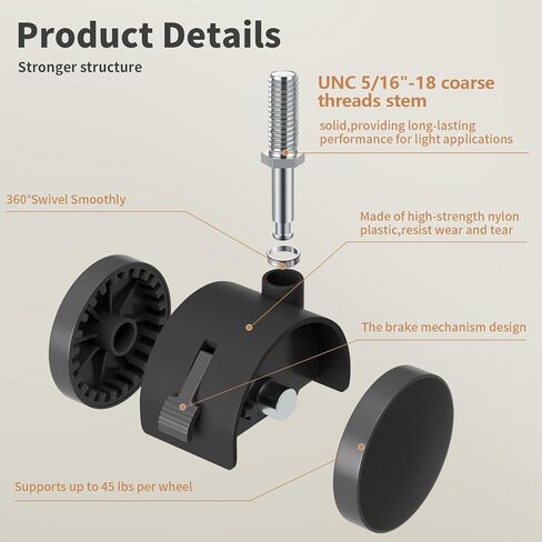 2" Nylon Plastic Stem Casters with Brake, 5/16"-18 Threaded Stem Furniture Wheel, Replacement Swivel Castors for Cart, Small Table, Metal Shelf, Bird Cage, 4 Pcs in Saudi Arabia