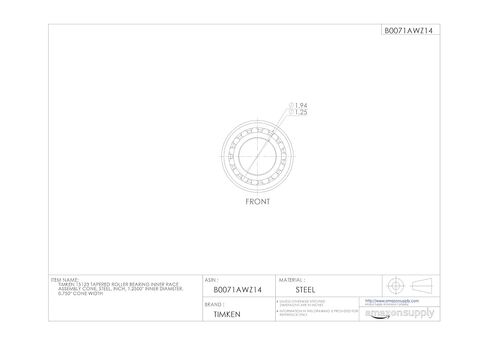 Timken 15123 مخروط تجميع السباق الداخلي المدبب، فولاذ، بوصة، القطر الداخلي 1.2500 بوصة، عرض المخروط 0.750 بوصة in Saudi Arabia