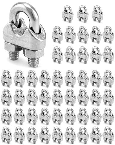 QWORK 1/4" Wire Rope Clamp Clip M6, 50 Pack Large U Bolt Saddle Guy Fastener, 304 Stainless Steel Fastener Cable Clamps, Connect 2 Layers of Wire to Form a Loop in Kuwait