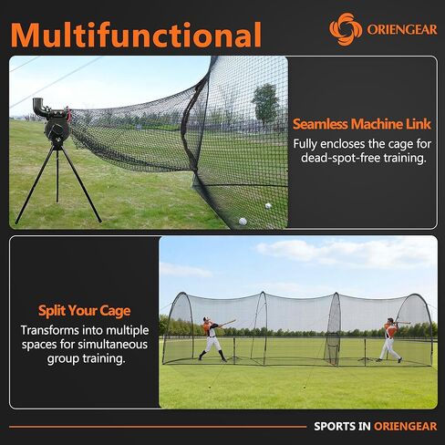 ORIENGEAR Batting Cage Door Net 9x13ft, with Sock Style Baseball Collection Net & 20 D-Shape Carabiners, for Use with Pitching Machines, Fits Batting Cages in Kuwait