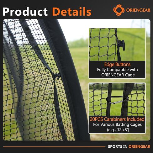 ORIENGEAR Batting Cage Door Net 9x13ft, with Sock Style Baseball Collection Net & 20 D-Shape Carabiners, for Use with Pitching Machines, Fits Batting Cages in Kuwait