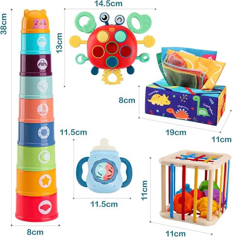 kadayaya مونتيسوري لعبة الطفل لمدة 6 12 18 شهرا، لعبة عضاضة خشخيشة صندوق الأنسجة سحب سلسلة لعبة السلطعون، اللعب الحسية الرضع شكل صندوق تخزين، التراص لعبة الكأس هدية للأطفال الصغار الفتيان الفتيات 1 2 3 سنة من العمر in Kuwait