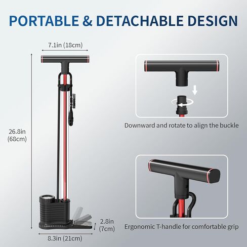 مضخة دراجة مع أسطوانة شفافة ومقياس دقيق، مضخة إطارات دراجة 160 رطل لكل بوصة مربعة لصمامات بريستا وشرايدر - مضخة أرضية دراجة سريعة وسهلة للسيارة والدراجة والدراجة الإلكترونية والكرة والبالون in Kuwait