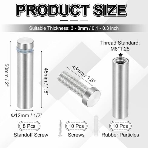 PATIKIL 1/2x1.6" Standoff Screws, 8 Pack Stainless Steel Stand Off Wall Mounts Wall Sign Mounting Hardware Advertising Standoff Nail for Hanging Acrylic Signs Picture Frame, Silver in Saudi Arabia