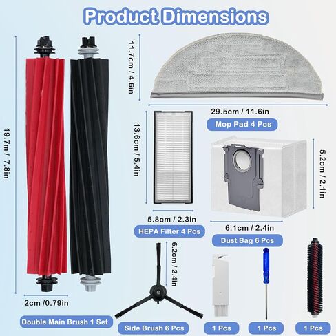 Replacement Parts Compatible with Roborock S8 Pro Ultra Robotic Vacuum Cleaners Accessories Kits, 2 Main Brush, 1 Rolling Brush, 4 HEPA Filters, 4 Side Brushes, 4 Mop Pads, 6 Dust Bags in Kuwait