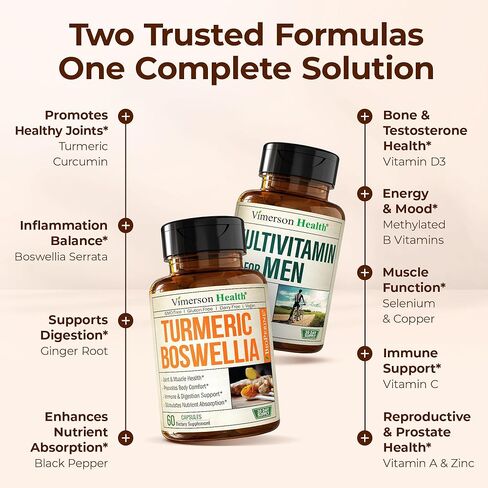 Boswellia Turmeric Curcumin Supplement + Multivitamin for Men Bundle – Supports Joint Health & Complete Daily Wellness – with Ginger Root, Organic Turmeric Powder, Methylated Vitamin B12, Zinc & More in Saudi Arabia