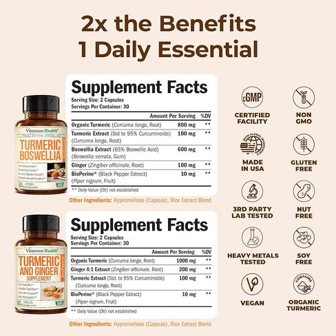 Turmeric Supplement Bundle – 2-Pack Organic Turmeric Curcumin Supplement with 95% Curcuminoids + 65% Boswellia Extract, Ginger Root & Black Pepper (BioPerine) – High Absorption – 2 x 60 Vegan Capsules in Saudi Arabia