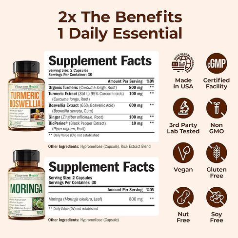 Boswellia Turmeric Curcumin Supplement + Moringa Capsules Bundle – Supports Joint Health, Balanced Energy & Healthy Metabolism – with Ginger Root, Organic Turmeric Powder and 100% Pure Moringa Powder in Saudi Arabia