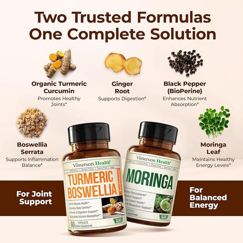 Boswellia Turmeric Curcumin Supplement + Moringa Capsules Bundle – Supports Joint Health, Balanced Energy & Healthy Metabolism – with Ginger Root, Organic Turmeric Powder and 100% Pure Moringa Powder in Saudi Arabia