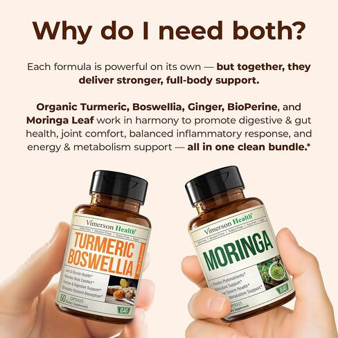 Boswellia Turmeric Curcumin Supplement + Moringa Capsules Bundle – Supports Joint Health, Balanced Energy & Healthy Metabolism – with Ginger Root, Organic Turmeric Powder and 100% Pure Moringa Powder in Saudi Arabia