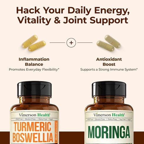 Boswellia Turmeric Curcumin Supplement + Moringa Capsules Bundle – Supports Joint Health, Balanced Energy & Healthy Metabolism – with Ginger Root, Organic Turmeric Powder and 100% Pure Moringa Powder in Saudi Arabia