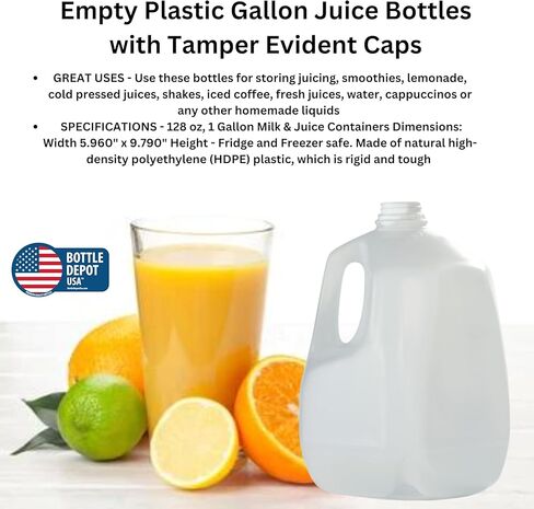 جالون كبير (16 عبوة) زجاجات عصير بلاستيكية فارغة سعة 128 أونصة مع غطاء أبيض واضح للعبث - زجاجات العصائر - مثالية للعصائر والحليب والعصائر والنزهات وحتى إعداد الوجبات - صنع في الولايات المتحدة الأمريكية in Kuwait