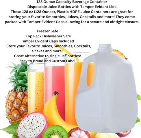 جالون كبير (16 عبوة) زجاجات عصير بلاستيكية فارغة سعة 128 أونصة مع غطاء أبيض واضح للعبث - زجاجات العصائر - مثالية للعصائر والحليب والعصائر والنزهات وحتى إعداد الوجبات - صنع في الولايات المتحدة الأمريكية in Kuwait