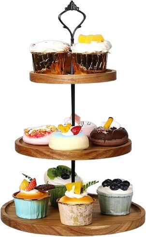 3 Tier Wooden Cupcake Stand,Wooden Tiered Display Stand Cupcake Plates, Serving Tray Acacia Wood Cake Stand for Wedding Birthday Tea Party Christmas Decorations in Kuwait