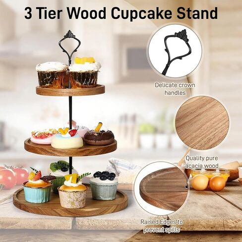 3 Tier Wooden Cupcake Stand,Wooden Tiered Display Stand Cupcake Plates, Serving Tray Acacia Wood Cake Stand for Wedding Birthday Tea Party Christmas Decorations in Kuwait