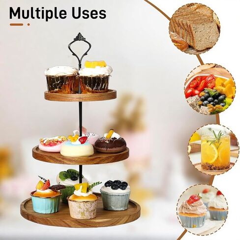 3 Tier Wooden Cupcake Stand,Wooden Tiered Display Stand Cupcake Plates, Serving Tray Acacia Wood Cake Stand for Wedding Birthday Tea Party Christmas Decorations in Kuwait