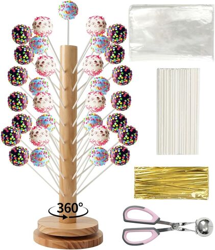 طقم حامل الكيك الخشبي مكون من 48 فتحة مع قاعدة دوارة، وحامل مصاصات خشبي، وطاولة حلوى، وحامل حلوى مزخرف مع مغرفة الكيك، وعصي ورقية، وأكياس حلوى شفافة وربطات عنق ملفوفة in Kuwait