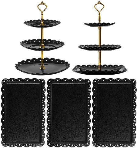 مجموعة حامل كب كيك مكونة من 5 قطع - مجموعة عرض طاولة الحلوى البلاستيكية السوداء، 2X أسود 3 طبقات حامل عرض كب كيك حامل صينية البسكويت وبرج تقديم و3X 14 في صواني بلاستيكية لحفلات الزفاف وحفلات الشاي وحفلات استقبال المولود الجديد in Kuwait