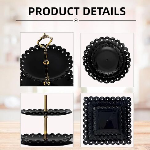 مجموعة حامل كب كيك مكونة من 5 قطع - مجموعة عرض طاولة الحلوى البلاستيكية السوداء، 2X أسود 3 طبقات حامل عرض كب كيك حامل صينية البسكويت وبرج تقديم و3X 14 في صواني بلاستيكية لحفلات الزفاف وحفلات الشاي وحفلات استقبال المولود الجديد in Kuwait