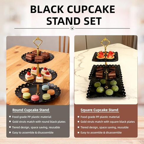 مجموعة حامل كب كيك مكونة من 5 قطع - مجموعة عرض طاولة الحلوى البلاستيكية السوداء، 2X أسود 3 طبقات حامل عرض كب كيك حامل صينية البسكويت وبرج تقديم و3X 14 في صواني بلاستيكية لحفلات الزفاف وحفلات الشاي وحفلات استقبال المولود الجديد in Kuwait