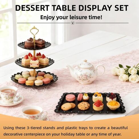 مجموعة حامل كب كيك مكونة من 5 قطع - مجموعة عرض طاولة الحلوى البلاستيكية السوداء، 2X أسود 3 طبقات حامل عرض كب كيك حامل صينية البسكويت وبرج تقديم و3X 14 في صواني بلاستيكية لحفلات الزفاف وحفلات الشاي وحفلات استقبال المولود الجديد in Kuwait