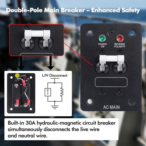 اللوحة الرئيسية للتيار المتردد البحري 120 فولت 30 أمبير - قاطع رئيسي مزدوج القطب مع مؤشر قطبية عكسية، لوحة فصل طاقة الشاطئ للقوارب واليخوت in Kuwait