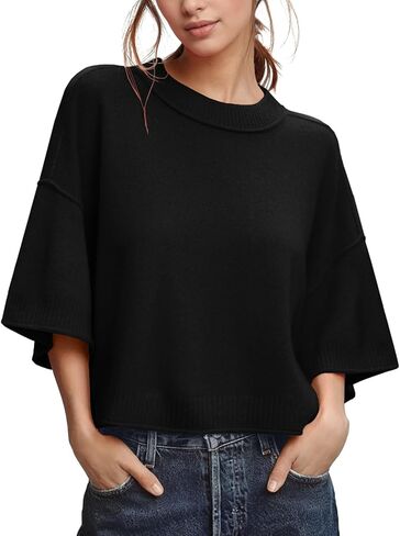 ZDC Women's Oversized Sweaters Summer 3/4 Sleeve Casual Cropped Tops Lightweight Loose Fit Knit Pullover in Kuwait