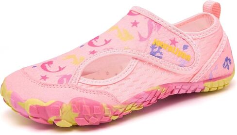 Kids Water Shoes for Boys & Girls, Toddler to Big Kids Swim Shoes with Adjustable Hook and Loop Strap, Non-Slip Rubber Sole, Quick On Off, Fun Pattern Beach Pool Shoes in Saudi Arabia