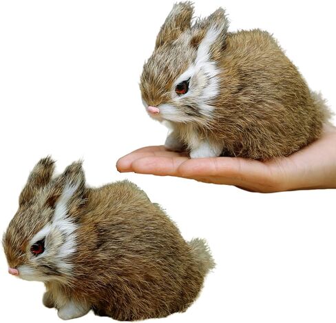 Pack of 2 Easter Rabbits Figurines Mini Furry Bunnies for Basket/Baby Shower Kids Newborn/Photograph Prop/Home Shelf Desk Decorative Statue (2-Brown) in Kuwait