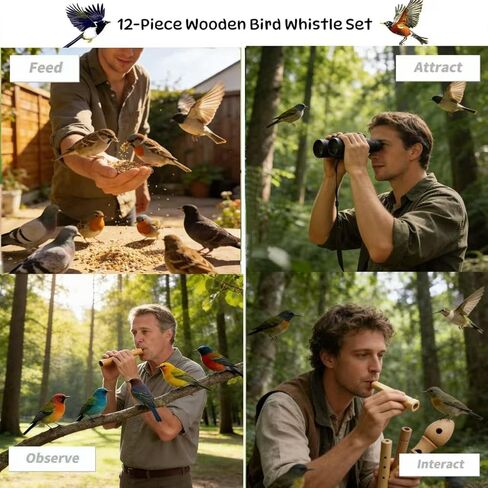 12-Piece Wooden Bird Whistle Set Handcrafted bird whistles- bird watching gifts- For nature enthusiasts, outdoor exploration- and education Includes portable storage pouch | Gifts for bird lovers in Saudi Arabia