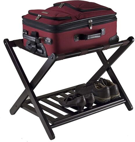 Luggage rack,Luggage Rack With Shoe Shelf,Black Folding Luggage Rack for Guest Room Strong Version Folding Hard Bamboo Wood in Kuwait