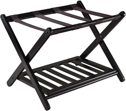 Luggage rack,Luggage Rack With Shoe Shelf,Black Folding Luggage Rack for Guest Room Strong Version Folding Hard Bamboo Wood in Kuwait