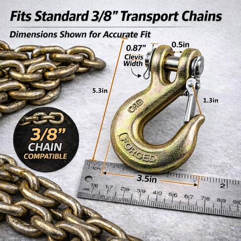 خطاف سلسلة 3/8 بوصة، 4 خطافات سلسلة أمان للمقطورة، خطاف منزلق Clevis شديد التحمل مع مزلاج أمان، فولاذ مزخرف من الدرجة 70 بوزن 18,000 رطل لخطاف ونش سحب شاحنة نقل المقطورة. in Saudi Arabia