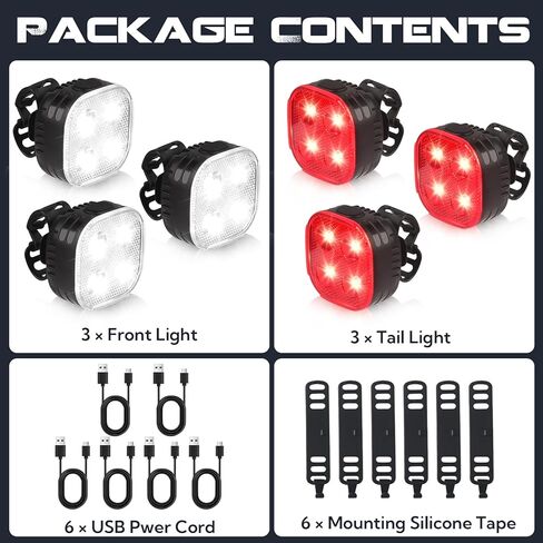 Bike Lights Set, 3 Pack Rechargeable Super Bright Bicycle Lights Front and Back, 4+ Mode LED Headlight & Taillight, IPX4 Waterproof, Easy Install for Night Riding, Road & Mountain Bikes in Saudi Arabia