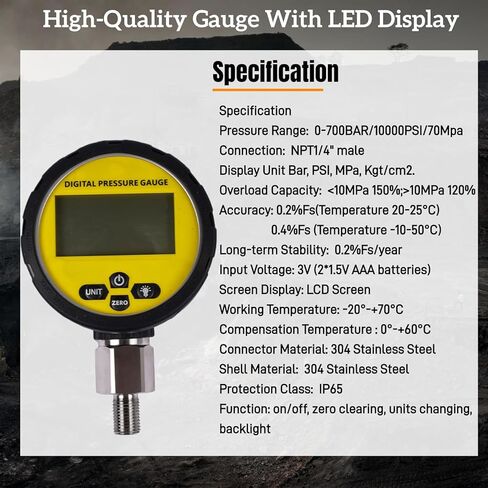 10000PSI Hydraulic Pressure Test Kit - Digital Pressure Gauge with 1.6m Hose & 2 Couplings, 1/4" NPT Connector, 700 BAR/70 MPa, for Excavators and Industrial Applications Mixizap in Kuwait