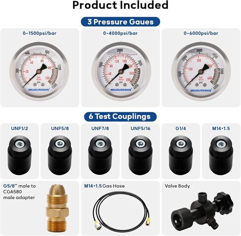 MEASUREMAN Nitrogen Accumulator Charging Kit, 1500-6000 PSI with 3 Precision Gauges, 6 Adapters for M28*1.5, UNF 5/8 & 1/2, Professional Hydraulic Tool Set for Pressure Testing in Saudi Arabia