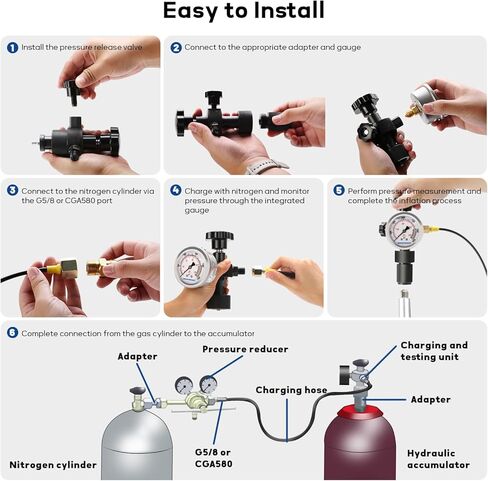 MEASUREMAN Nitrogen Accumulator Charging Kit, 1500-6000 PSI with 3 Precision Gauges, 6 Adapters for M28*1.5, UNF 5/8 & 1/2, Professional Hydraulic Tool Set for Pressure Testing in Saudi Arabia