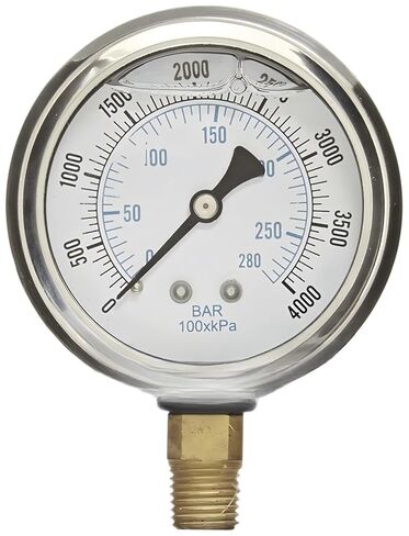 1/4" NPT Lower Mount Liquid Filled Pressure Gauge with 2.5" Dial - 0-4000 PSI - for Commercial or Industrial Hydraulic & Pneumatic Systems - Compressor Pressure Gauge Replacement in Kuwait